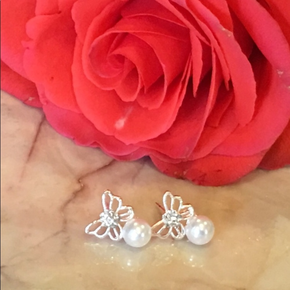 Faux Pearl and Butterfly w/ Rhinestone Earrings